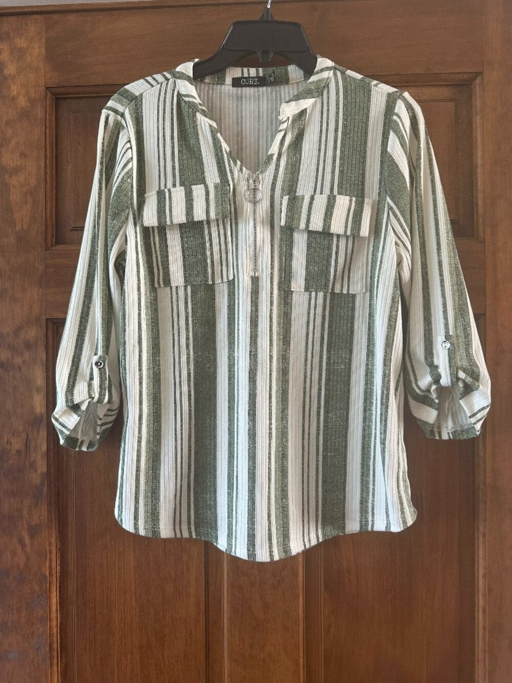 Green & White Striped Utility Shirt with Roll‑Tab Sleeves